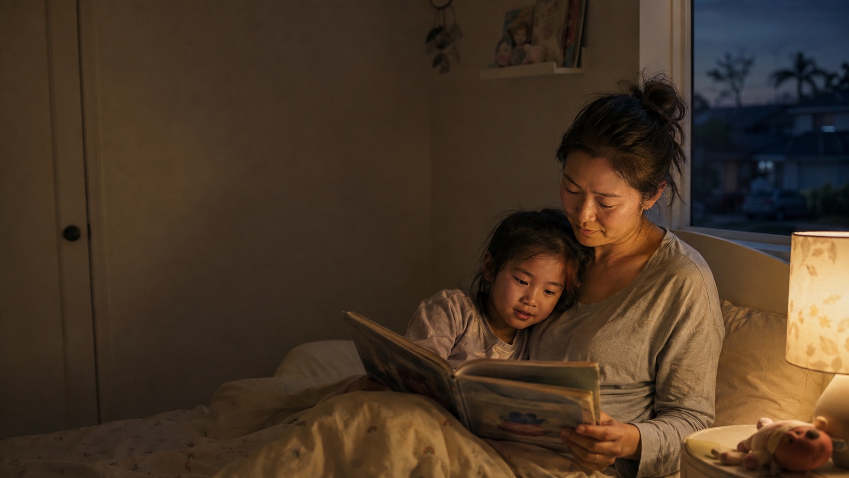 Illustration of a mother and child reading together beside a warm bedside lamp at dusk.